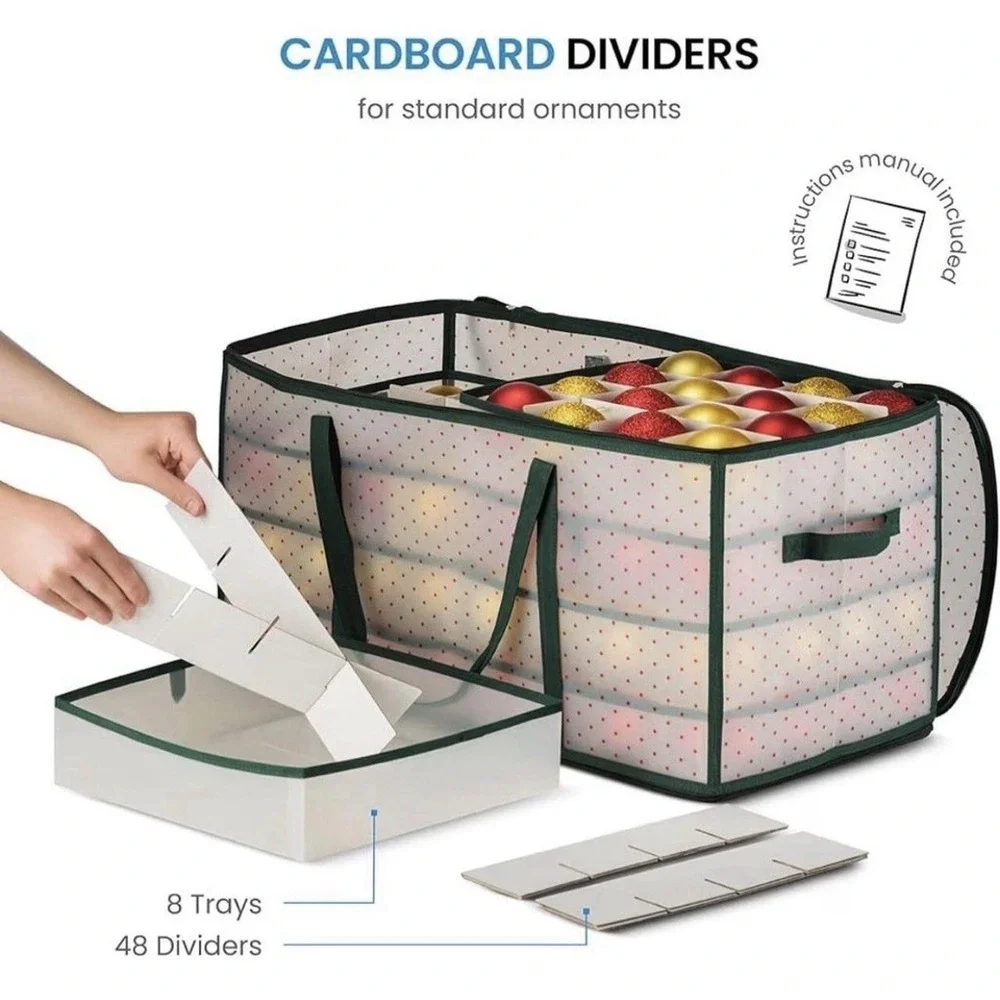 Zober Ornament Storage Box 8 Trays 128 Slots Zippered Translucent 25x13x13 New
